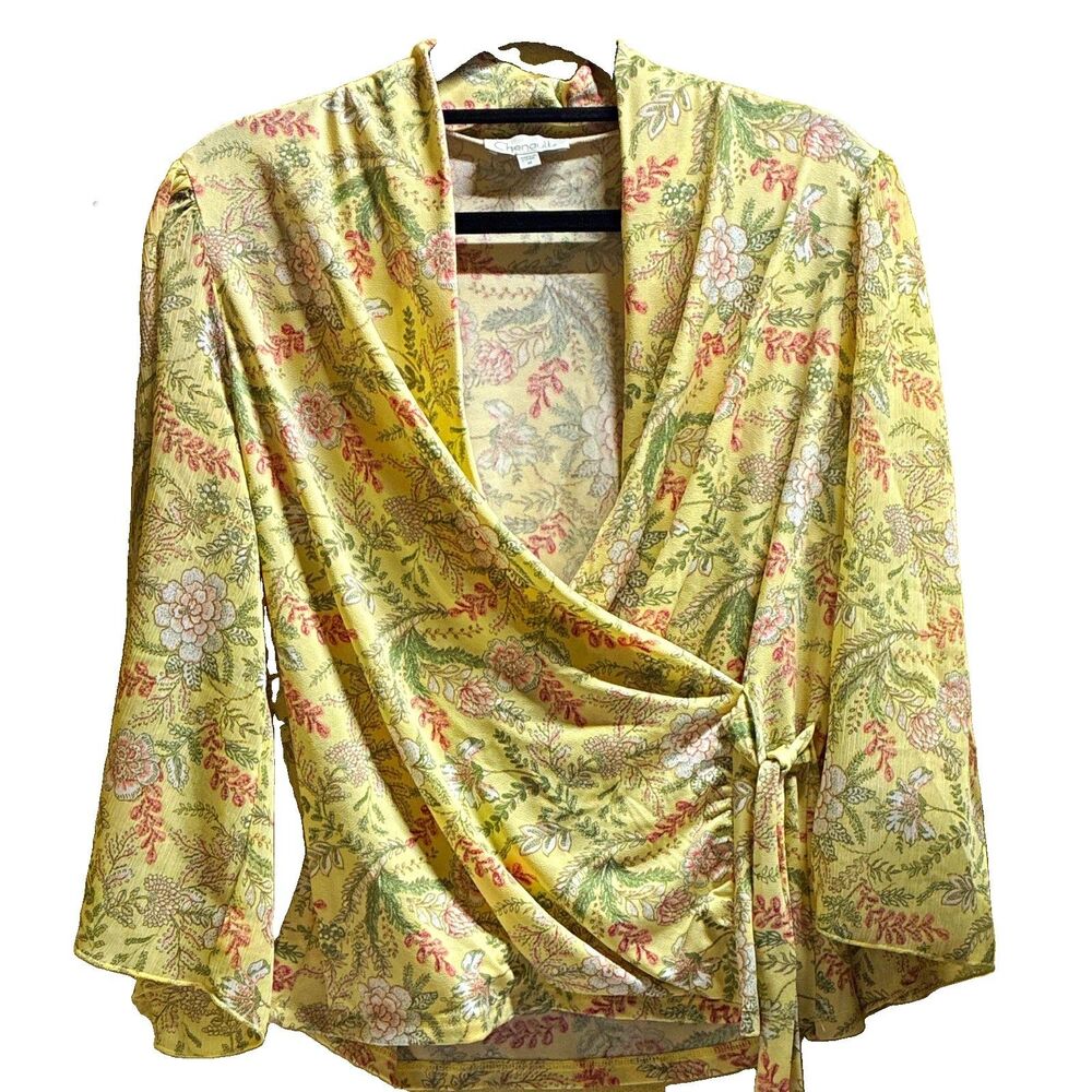 Chenault Women’s Yellow Multicolor Floral Wrap Blouse 3/4 Sleeve Tie Size M
